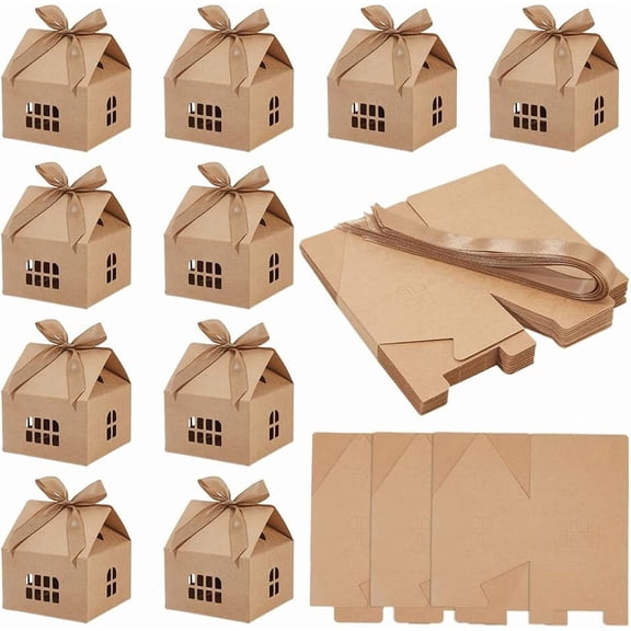 30 pc House Shaped Paper Gift Boxes Gift Storage Case with Visible Window and Polyester Ribbon Tan Finished Product: 9x9x6cm