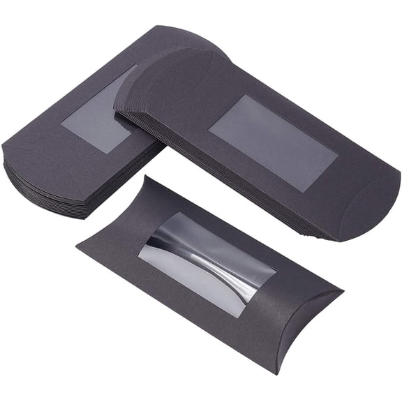 30 pc Kraft Paper Pillow Candy Box with Clear Window for Wedding Favors Baby Shower Birthday Party Supplies Black 16x7.8x2.5cm Unfold: 18.5x7.8x0.15cm