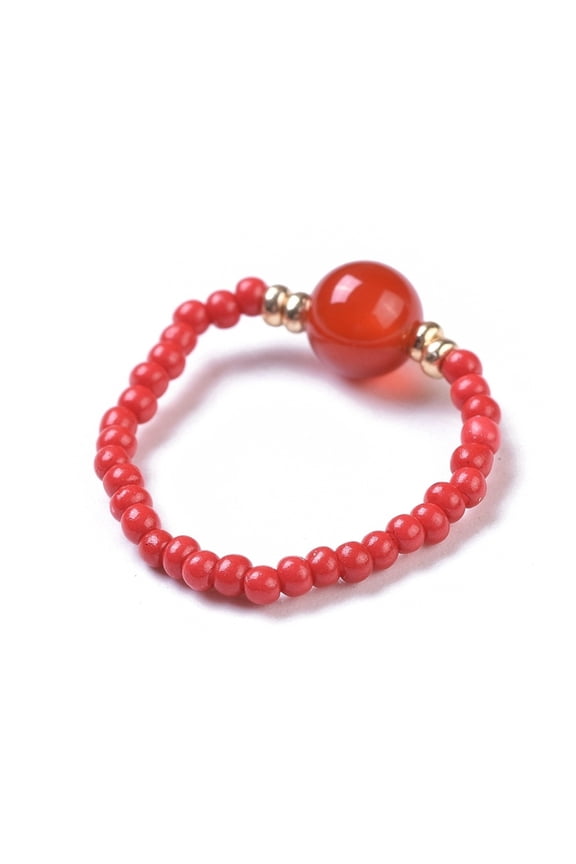 30 pc Natural Carnelian Stretch Rings with Glass Seed Beads Size 8 18mm