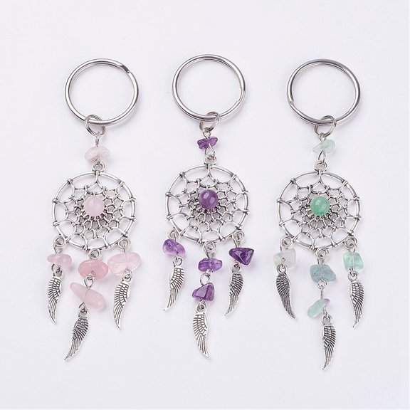30 pc Natural Chip Gemstone Keychain with Tibetan style Pendants and 316 Surgical Stainless Steel Key Ring Woven Net/Web with Feather 107mm Pendant: 82x28x7mm
