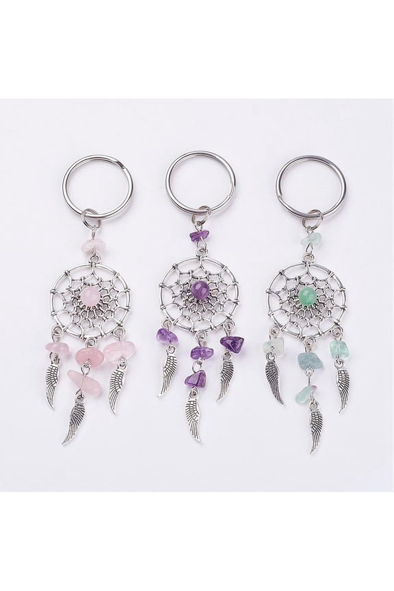 30 pc Natural Chip Gemstone Keychain with Tibetan style Pendants and 316 Surgical Stainless Steel Key Ring Woven Net/Web with Feather 107mm Pendant: 82x28x7mm