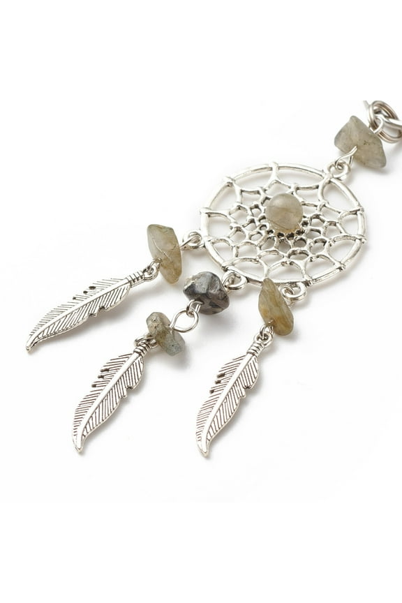 30 pc Natural Labradorite Keychain with Iron 304 Stainless Steel & Alloy Findings Woven Net/Web with Feather 11.4~11.8cm