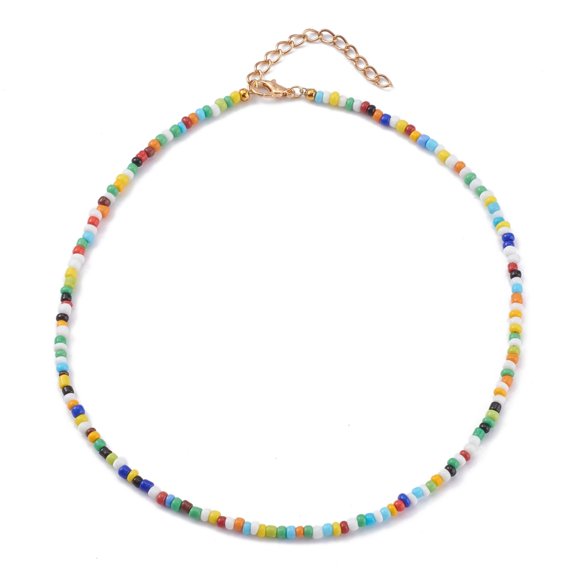 30 pc Rainbow Round Opaque Colours Glass Seed Beaded Necklaces with Alloy Lobster Claw Clasps Golden Colorful 15.07 inch(38.5cm)