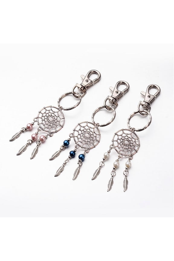 30 pc Woven Net/Web with Feather Keychain Alloy Glass Pearl Keychain with Alloy Swivel Clasps Mixed Color 125mm