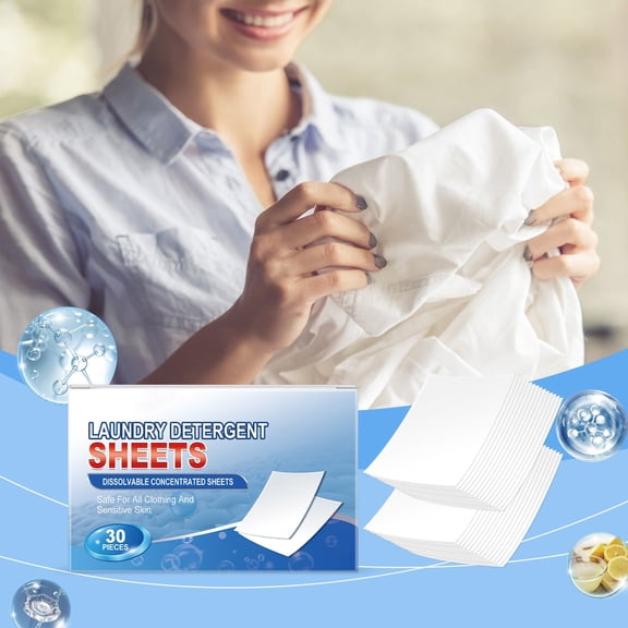 30 pcs Low Foam Laundry Detergent Sheets Lemon Scented, Plastic Free Washing Paper for Travel, Pre Measured Laundry Strips for Clean Water Rinse, Eco Friendly Laundry Soap