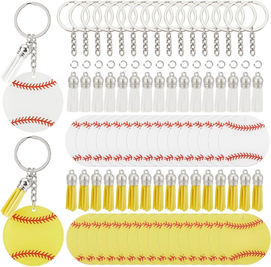 30 pcs Softball Baseball Acrylic Keychain Mutil-color Acrylic Keychain with Tassel for Gift School Rewards Sports Party