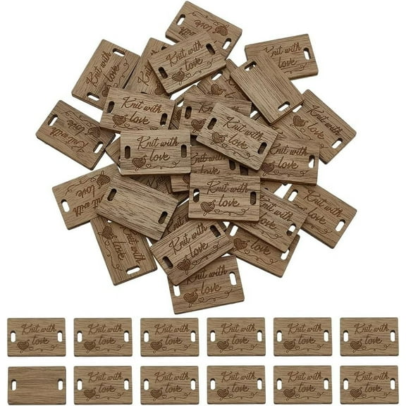 30 pcs Walnut Wood Tags 1.18x0.8inch Rectangle Wooden Handmade Label Knit with Love Tag Button Handmade Tan Color Decorative Buttons Tag Knitting Sewing Crochet Garment Label Decoration diy Tan