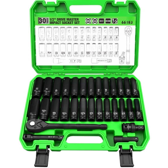 30-piece 1/2" Drive Impact Socket Set Standard Sae (3/8-1 Inch) And Metric (10-24mm) 6 Point Cr-v Steel Deep Ratchet Handle 3" & 5" Extension Bar Cr-mo Universal Joint