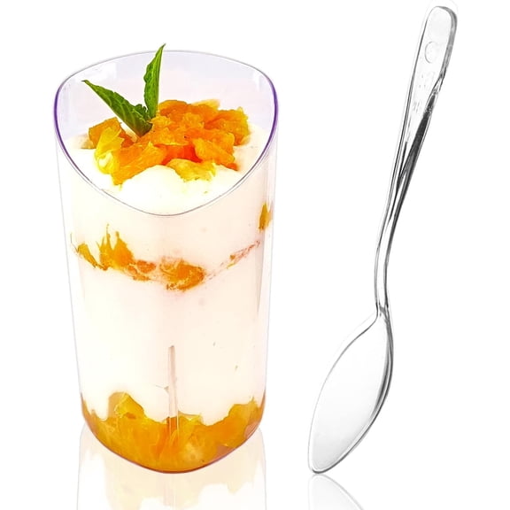 30-piece set of mini dessert cups with spoons, 3-ounce clear plastic parfait appetizer cups, small reusable shot glassesperfect for sampling; triangular-shaped dessert cups.