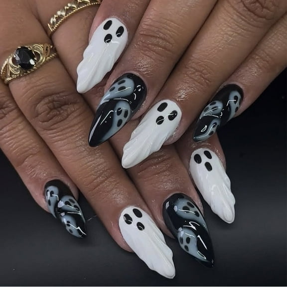 30 pieces of Halloween fake nails, almond shaped, ghost shaped
