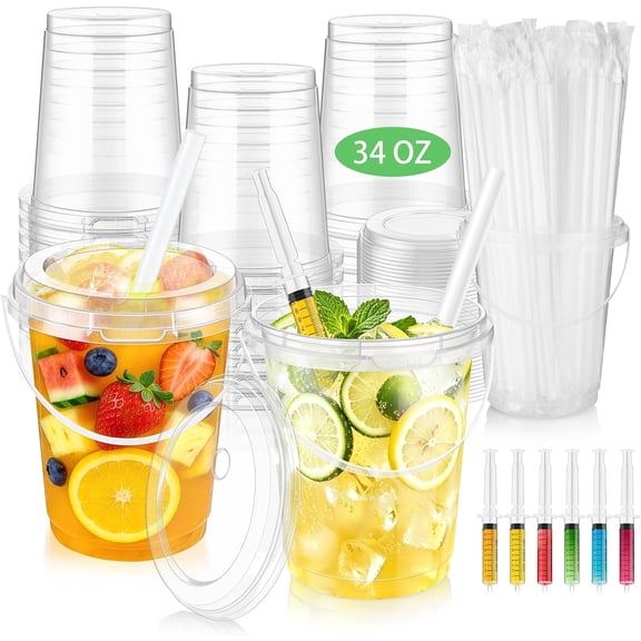 30 sets of 34-ounce drink buckets with lids and straws, disposable transparent plastic party cups with handles suitable for rum, iced coffee, milkshakes, and smoothies, sturdy drink buckets for pool,