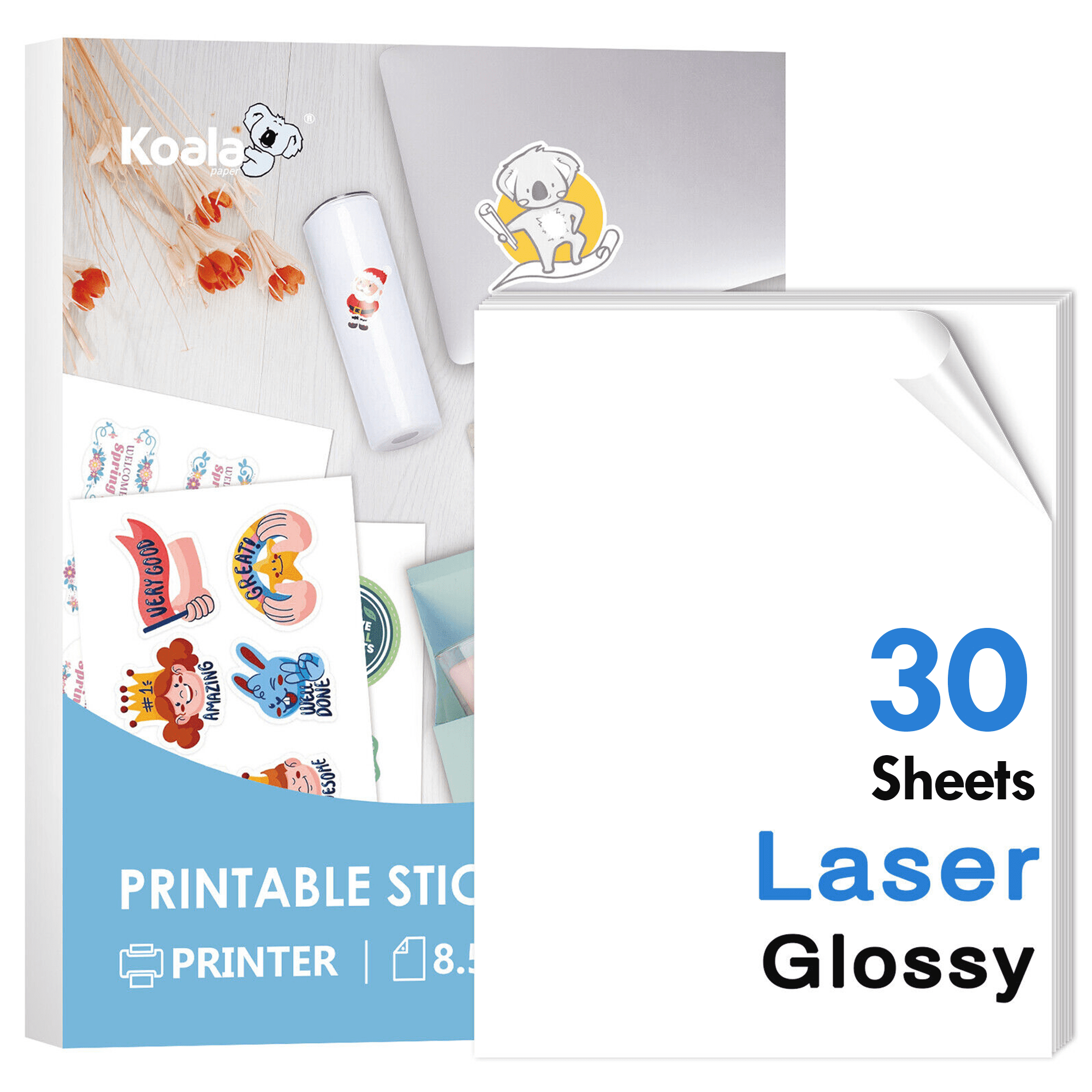 Koala Printable Vinyl Sticker Paper Waterproof Glossy White Laser Printer Only Self-Adhesive Label 10 Sheets 8.5 x 11 inch