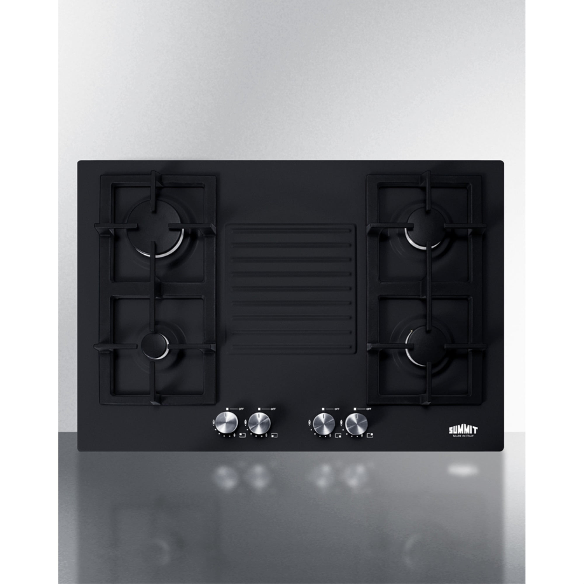 30" wide 4-burner gas cooktop in black with sealed burners and cast iron grates