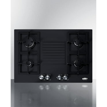 30" wide 4-burner gas cooktop in black with sealed burners and cast iron grates