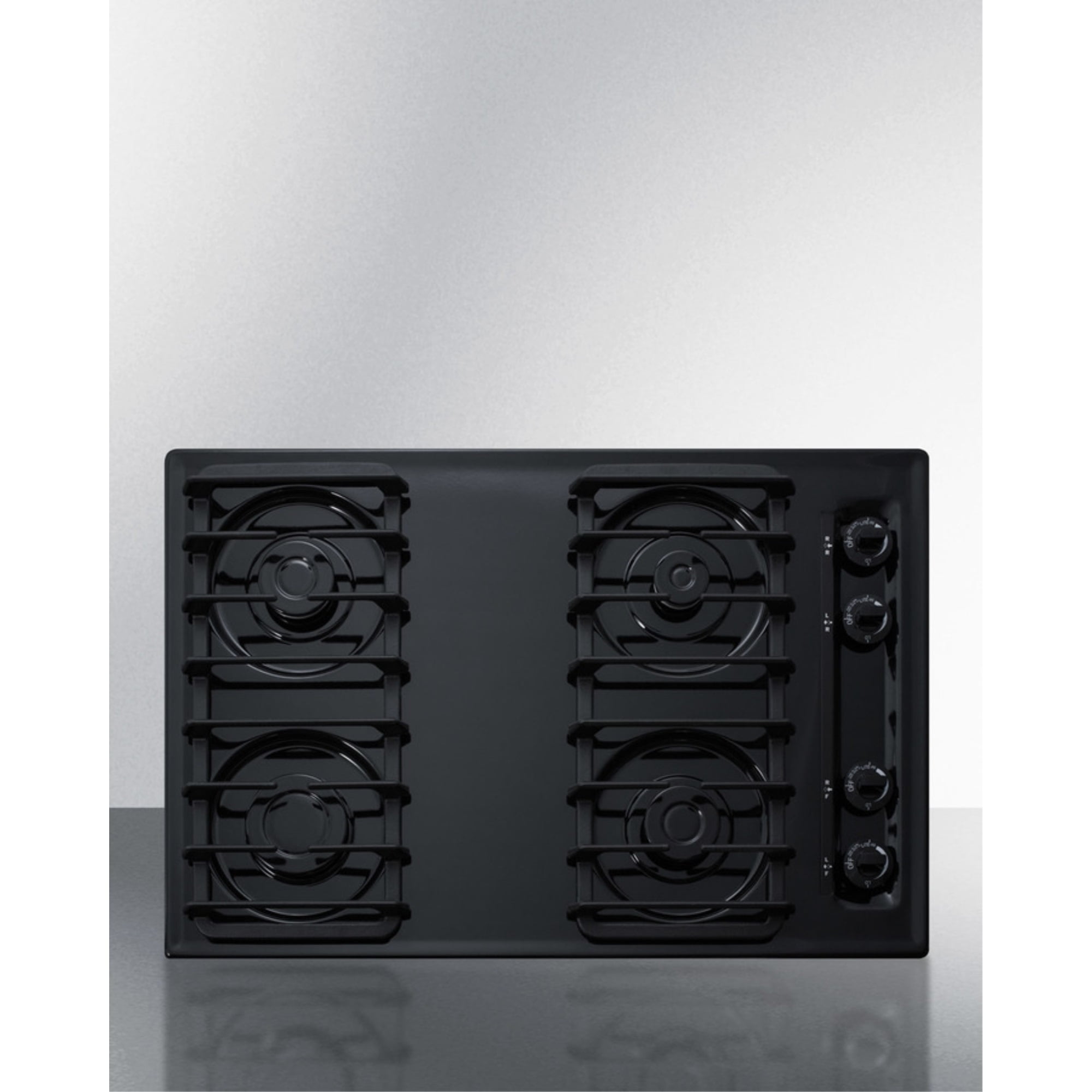 30" wide cooktop with four sealed burners, black porcelain finish, and cast iron grates; made in the USA