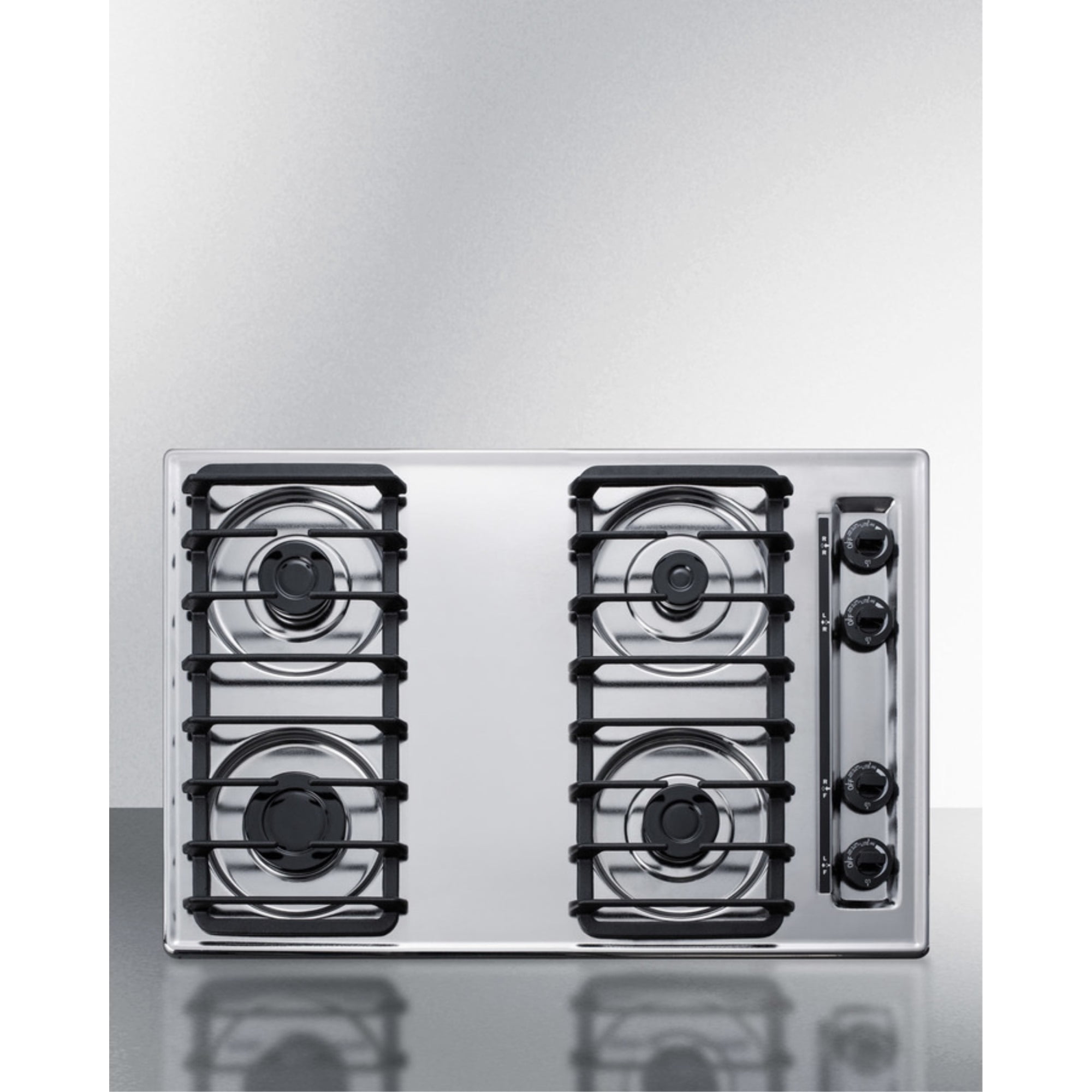 30" wide gas cooktop with four sealed burners, chrome surface, and cast iron grates; made in the USA
