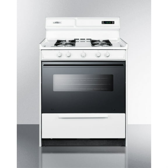 30" wide gas range in white with open burners, black door, oven window, high backguard, and spark ignition