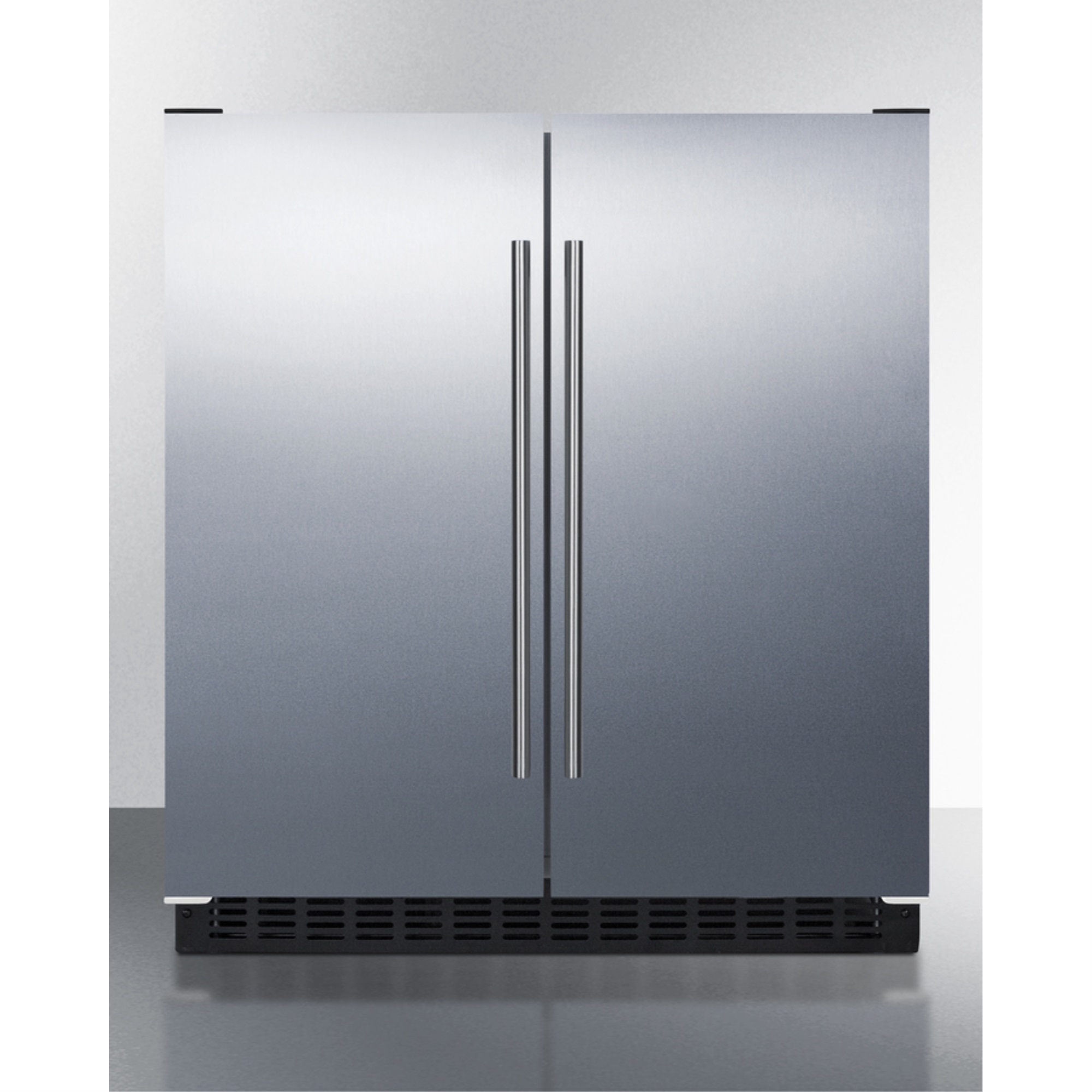 30" wide undercounter frost-free side-by-side refrigerator-freezer with stainless steel doors, white cabinet, locks, stainless steel handles, and digital controls - image 1 of 5