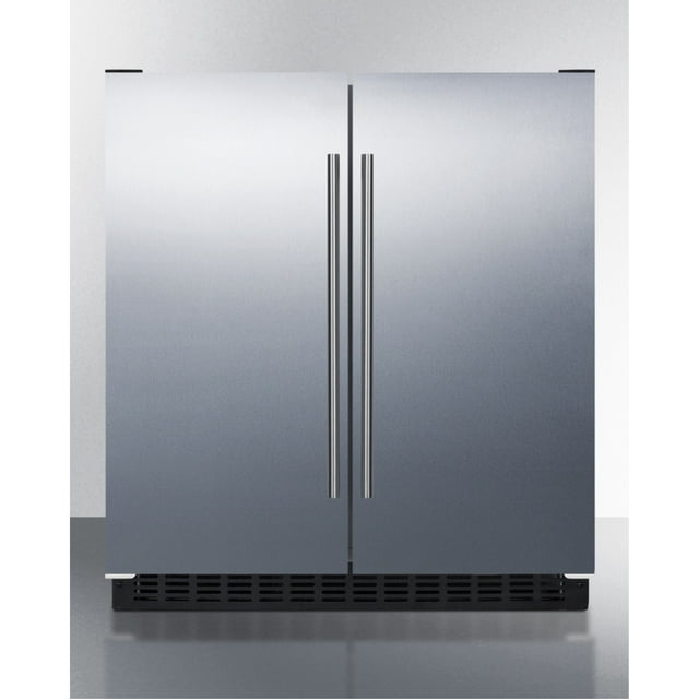 30" wide undercounter frost-free side-by-side refrigerator-freezer with stainless steel doors, white cabinet, locks, stainless steel handles, and digital controls