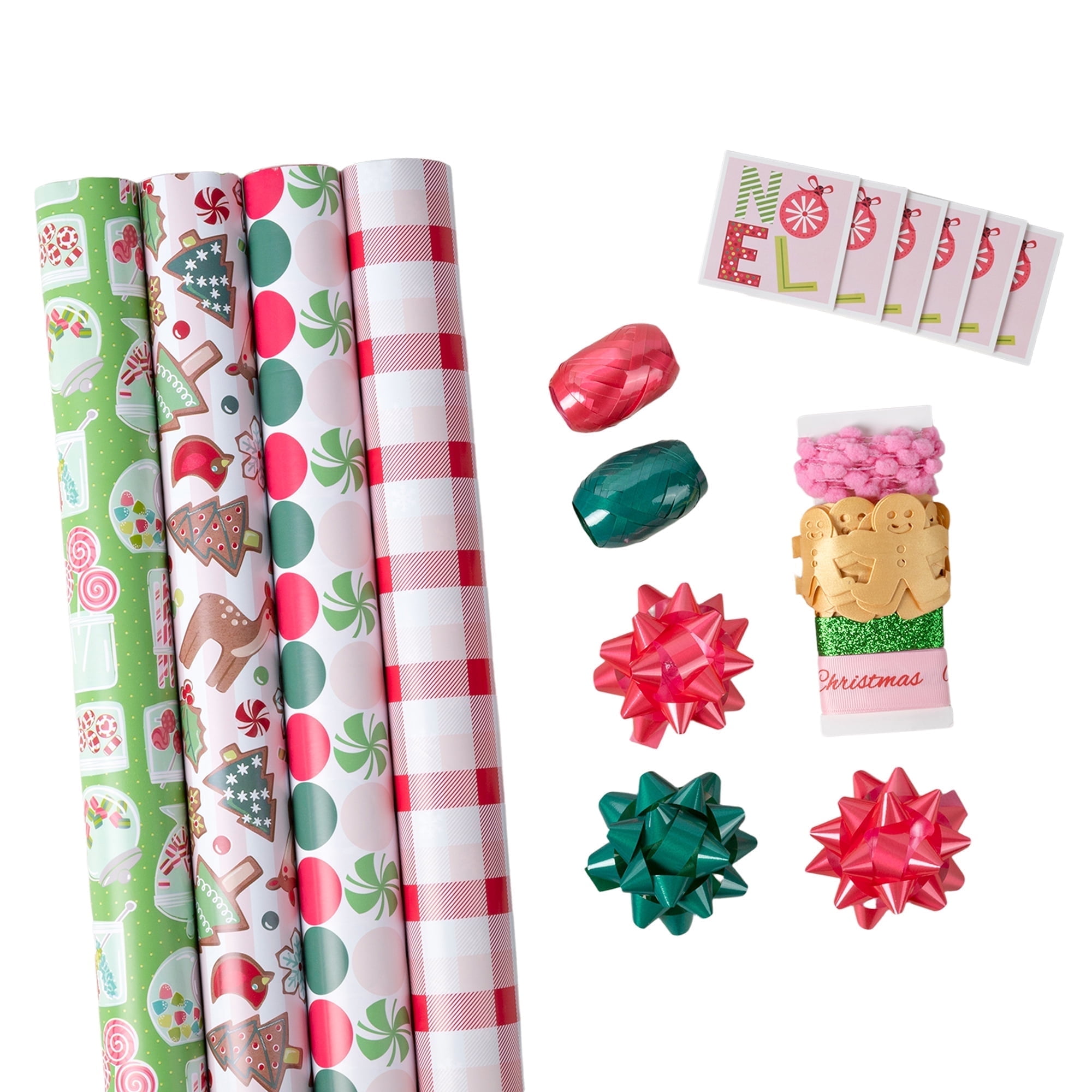 LaRibbons 30" x 10' Christmas Wrapping Paper Kit, Reversible Gift Wrap Paper and Cards Ribbons Bows, Sweet Treats