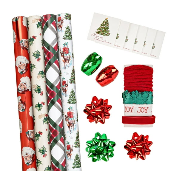 LaRibbons 30" x 10' Christmas Wrapping Paper Holiday Reversible Gift Wrap Kit | Vintage Christmas
