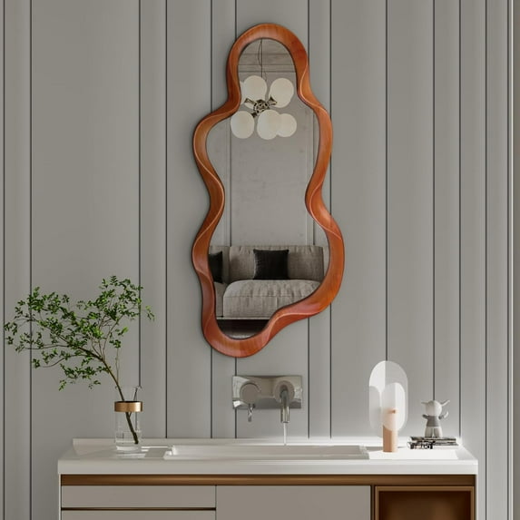 30"x 14" Irregular Wall Mirror, Wooden Walnut Framed Wall Mirror, Asymmetrical Wavy Wall Mirror for Living Room Bedroom Entryway Bathroom Modern Decorative Mirror with Hanging Hooks