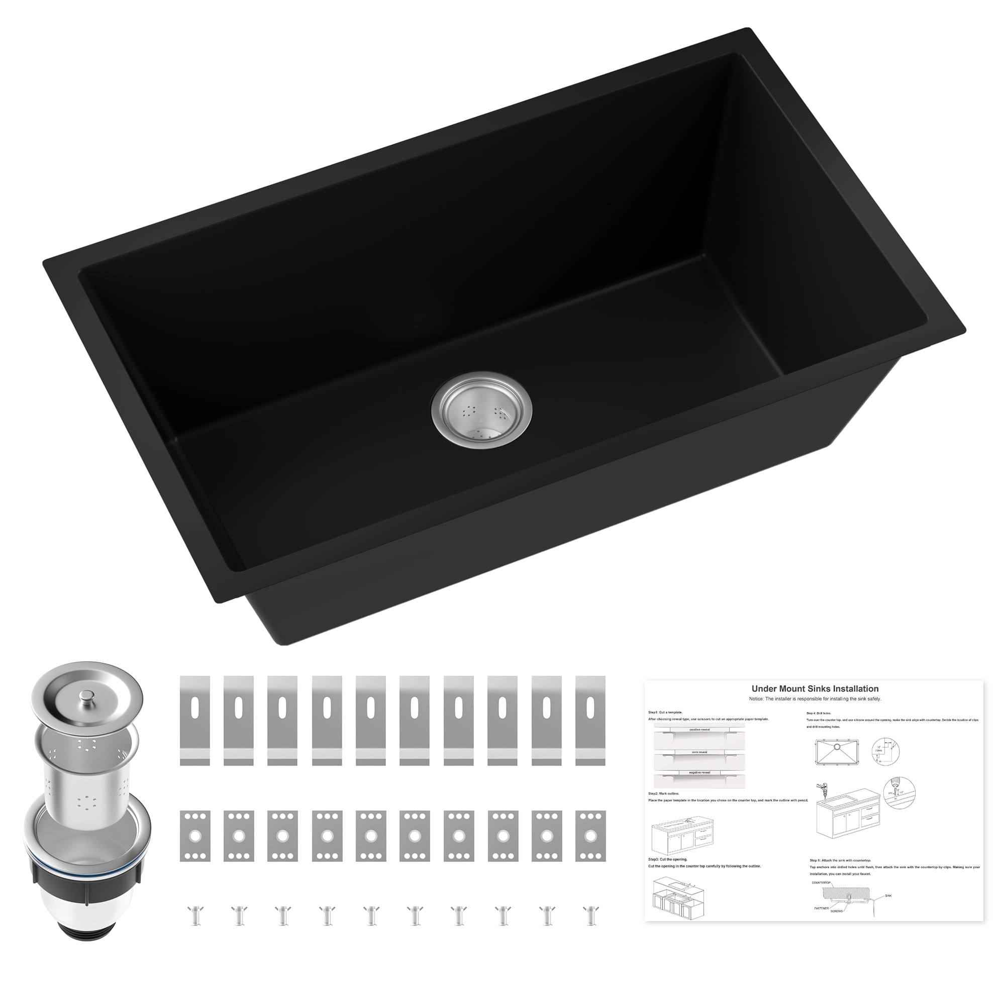 30" x 18" Black Undermount Kitchen Sink – Single Bowl Granite Composite Sink, Large & Deep Easy to Clean Basin for Modern Kitchens
