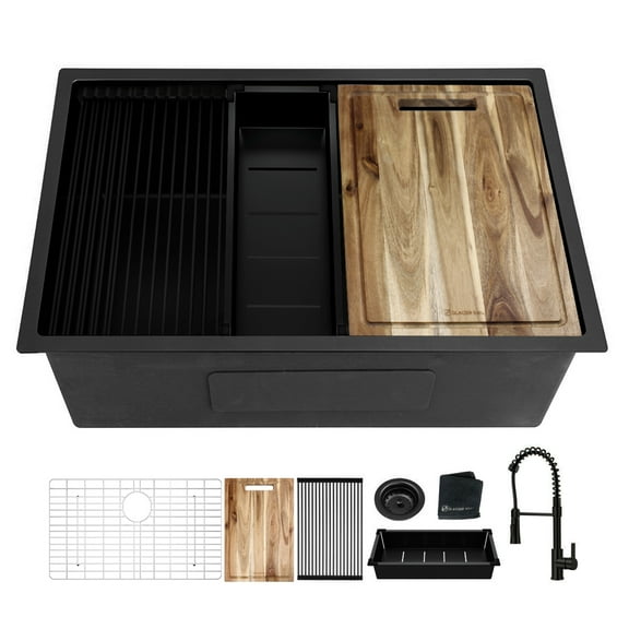 30"x 19" Gunmetal Black Undermount Kitchen Sink, 16 Gauge NANO-PVD Workstation with Faucet & Accessories