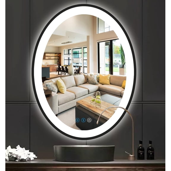 30 x 20 Inch Oval Black Frame LED Vanity Mirror for Bathroom Wall Black Oval Lighted Vanity Mirror Anti Fog LED Bathroom Mirror with Lights 3 Color Dimmable LED Vanity Makeup Smart Mirrors