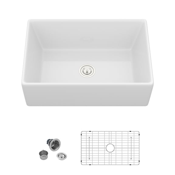 30"x 20" Rectangular Fireclay/Creamic Single Bowl Farmhouse Apron Kitchen Sink with Bottom Grid and Drain Strainer