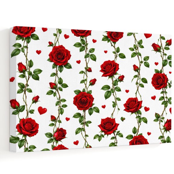 30" x 20" Red Rose Vines Canvas Wall Art for Living Room, Valentine Rustic Green Leaf Tendrils Heart Dots Poster Print Painting for Open Concept Living Space Decoration Wall Pictures Prepare To Hang