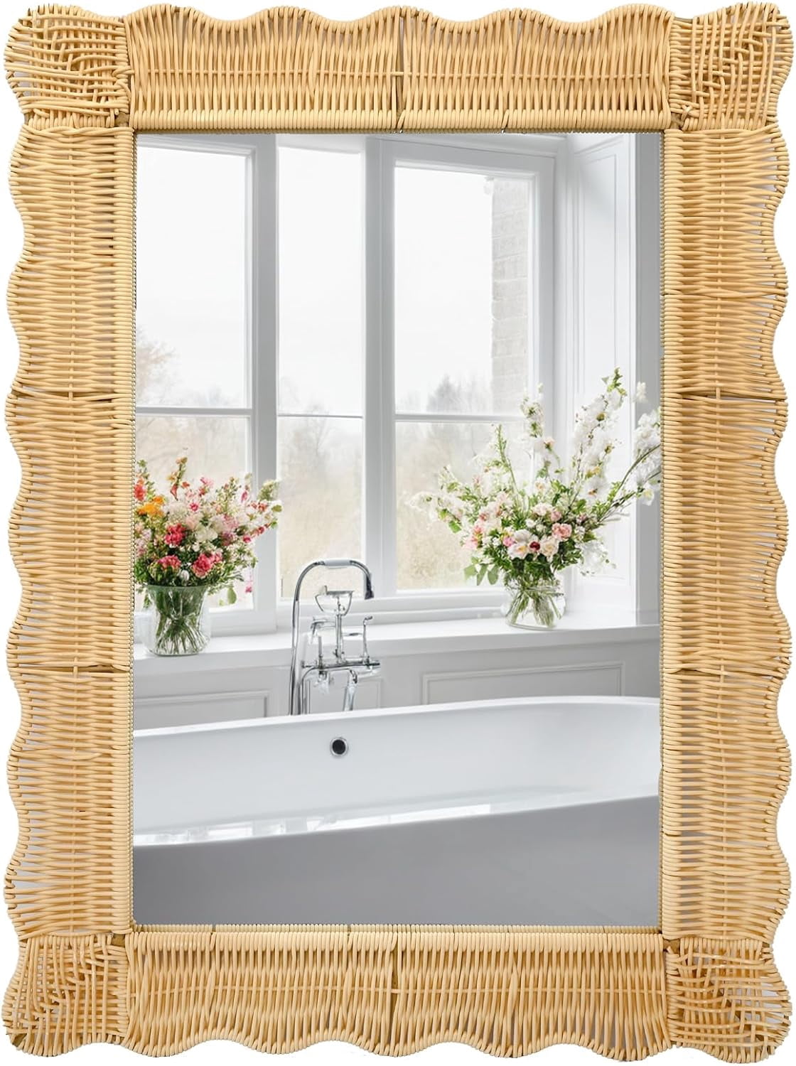 30" x 22.6" Scalloped Wicker-Style Wall Mirror, Natural Rattan-Inspired Decorative Frame for Bathroom, Entryway, and Living Room