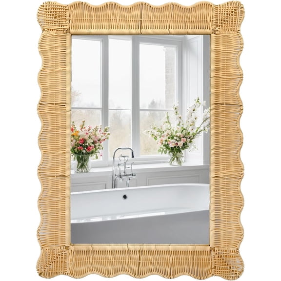 30" x 22.6" Scalloped Wicker-Style Wall Mirror, Natural Rattan-Inspired Decorative Frame for Bathroom, Entryway, and Living Room