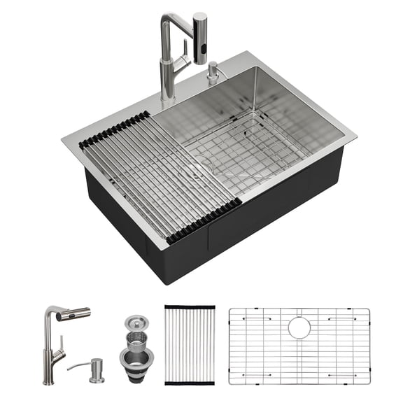 30" x 22" Drop-in Single Bowl 16 Gauge T304 Stainless Stain Kitchen Sink in Brushed Nickel With Pull Out Faucet and Bottom Grid