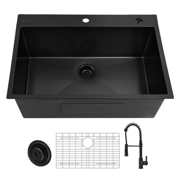 30"x 22" Gunmetal Black Drop-in Kitchen Sink, 18 Gauge NANO-PVD Sink with Faucet & Accesssories
