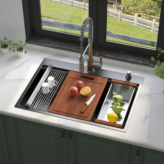 30 x 22 Inch Black Undermount Kitchen Sink Workstation Single Bowl Gunmetal Black Stainless Steel Ledge Sink 18 Gauge Handmade Sink 30"x22"x10"