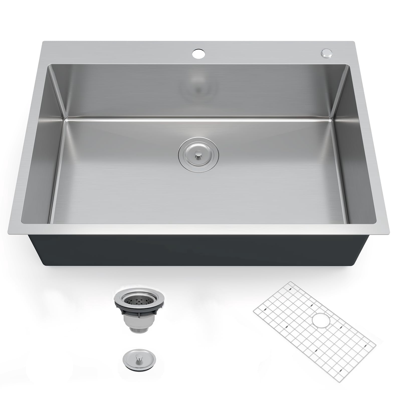 30 x 22 Inch Drop-In Kitchen Sink, T304 Stainless Steel Single Bowl Top Mount, 10" Deep Flush Rim, Brushed Finish, Bottom Grid and Drain Included