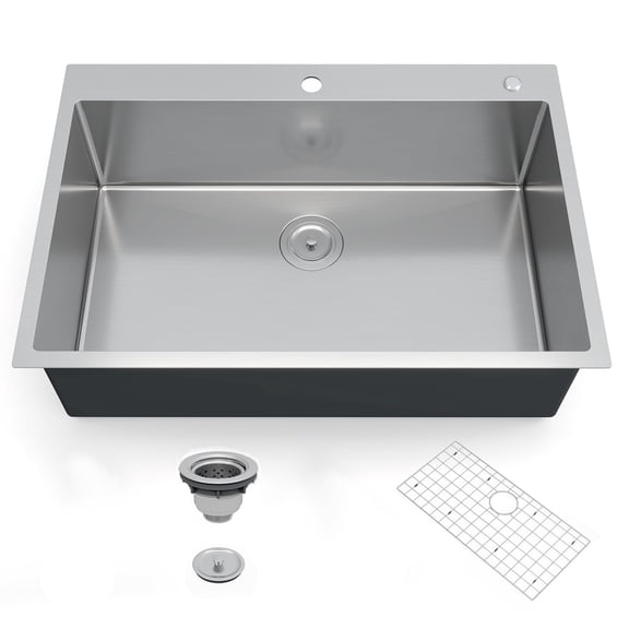 30 x 22 Inch Drop-In Kitchen Sink, T304 Stainless Steel Single Bowl Top Mount, 10" Deep Flush Rim, Brushed Finish, Bottom Grid and Drain Included