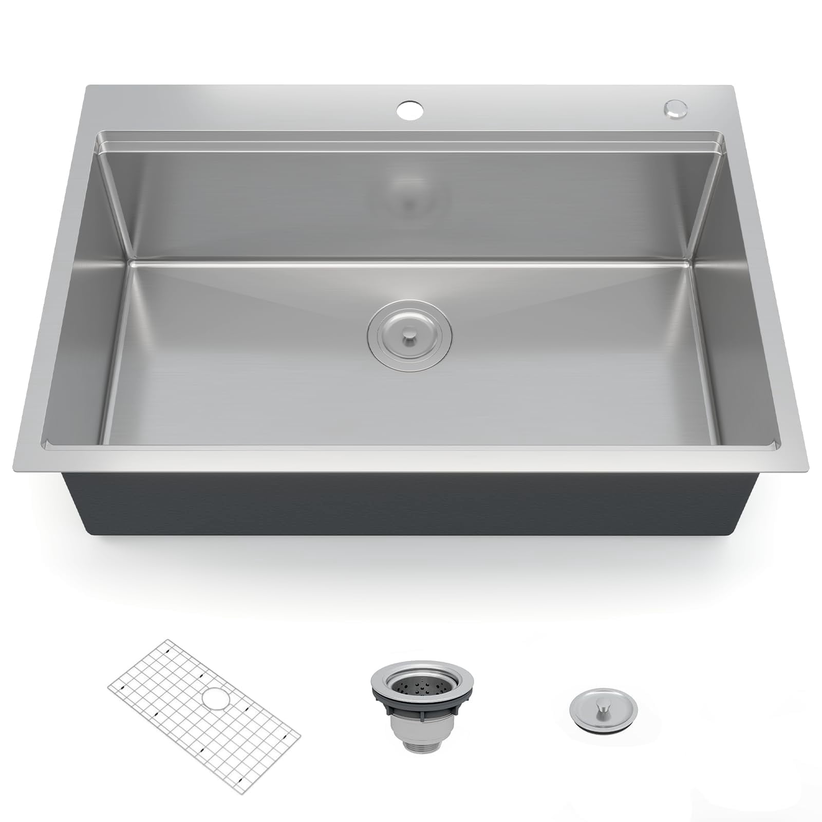 30 x 22 Inch Drop-In Kitchen Sink, T304 Stainless Steel Single Bowl Top Mount, Reveal Rim, 10" Deep Brushed Finish, Bottom Grid and Drain Included