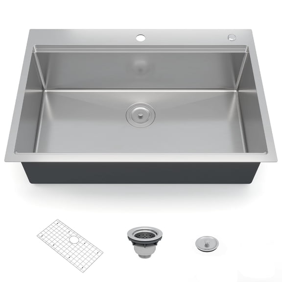 30 x 22 Inch Drop-In Kitchen Sink, T304 Stainless Steel Single Bowl Top Mount, Reveal Rim, 10" Deep Brushed Finish, Bottom Grid and Drain Included