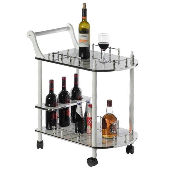 30 x 23.5 x 15.75 in. Wood Serving Bar Cart Tea Trolley with 2 Tier Shelves & Rolling Wheels, Silver, White & Gray