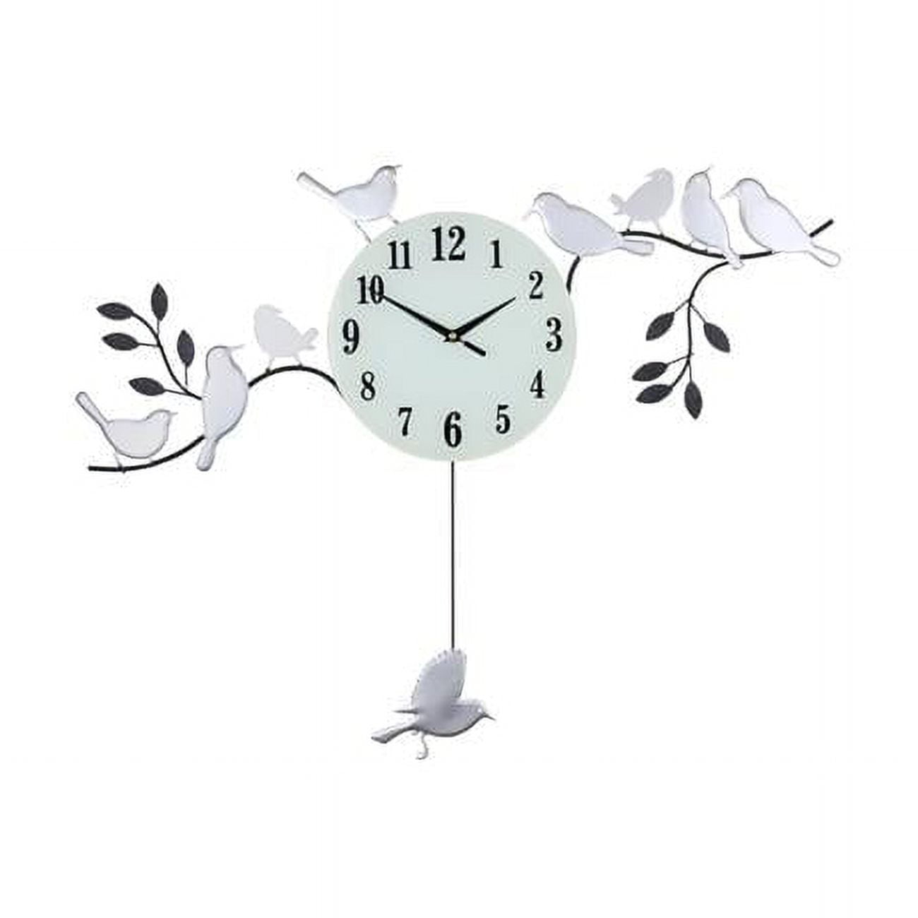 White and Black Metal Wall Clock with Birds and Pendulum