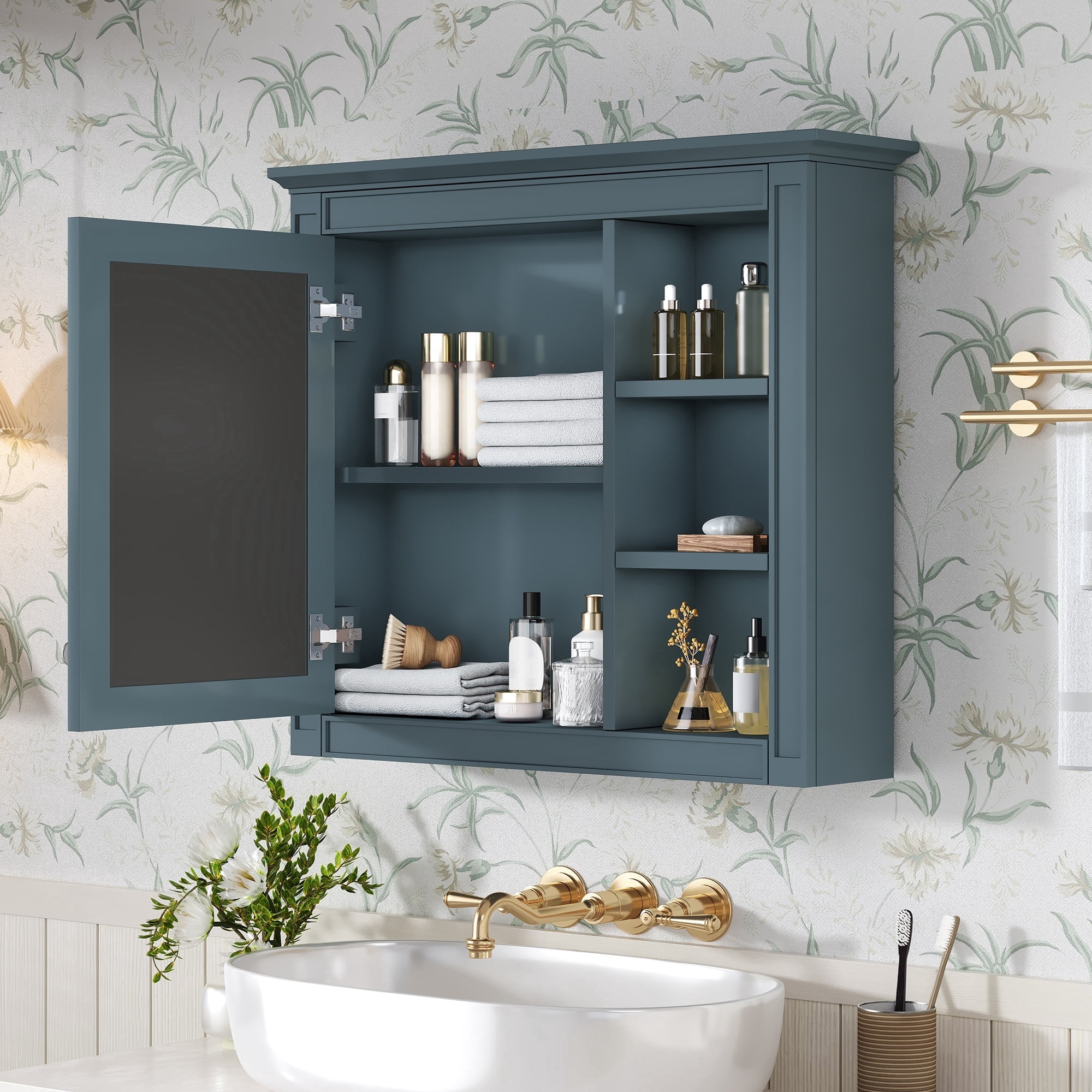 30'' x 28'' Medicine Cabinet, Blue Wall Mounted Bathroom Storage Cabinet with Mirror 3 Open Shelves for Bathroom