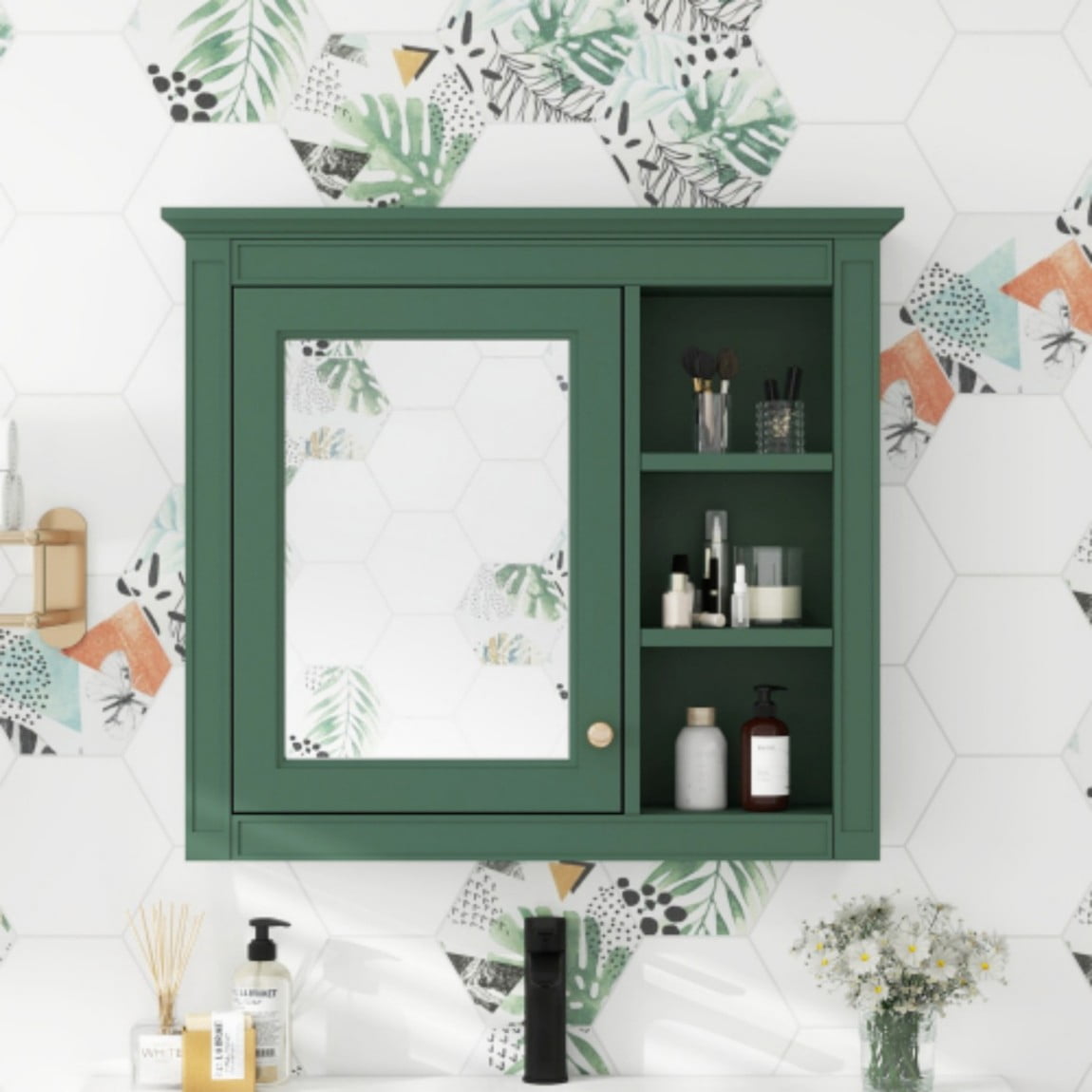 30"x 28" Wall Mounted Bathroom Medicine Cabinet with Mirror, Bathroom Storage Cabinet with Adjustable Shelf & 3 Open Shelves, Modern MDF Mirror Cabinet, Green