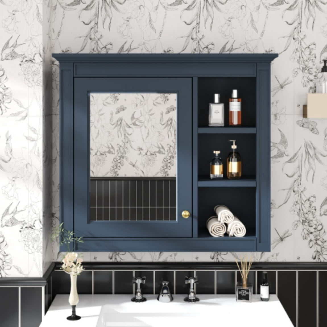 30"x 28" Wall Mounted Bathroom Medicine Cabinet with Mirror, Bathroom Storage Cabinet with Adjustable Shelf & 3 Open Shelves, Modern MDF Mirror Cabinet, Navy Blue