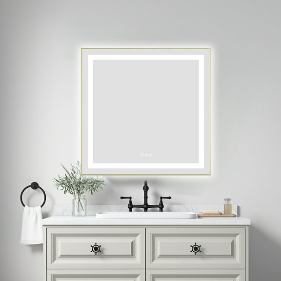 30 x 30 Inch LED Bathroom Mirror with Front and Backlight, Wall Mounted Vanity Mirror with Aluminum Frame,