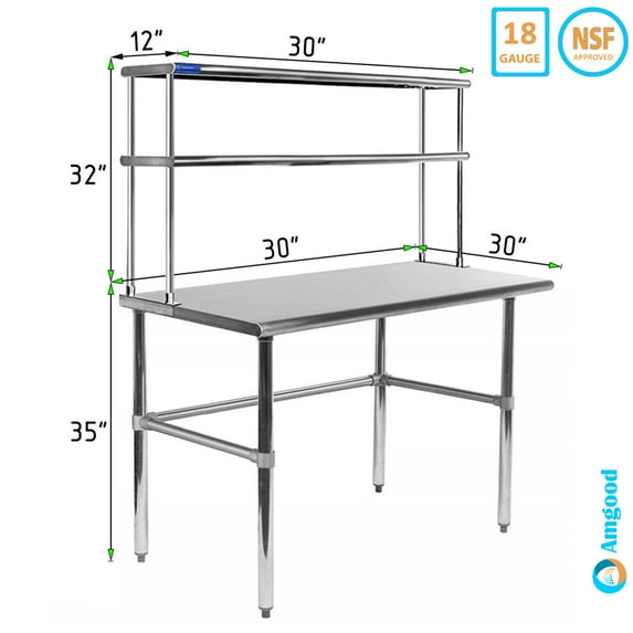 30" x 30" Open Base Stainless Steel Work Table With 12" Wide Double Tier Overshelf | Metal Kitchen Prep Table & Shelving Combo