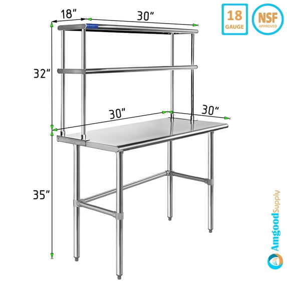 30" x 30" Stainless Steel Open Base Table With 18" Wide Double Tier Overshelf | Metal Kitchen Prep Table & Shelving Combo
