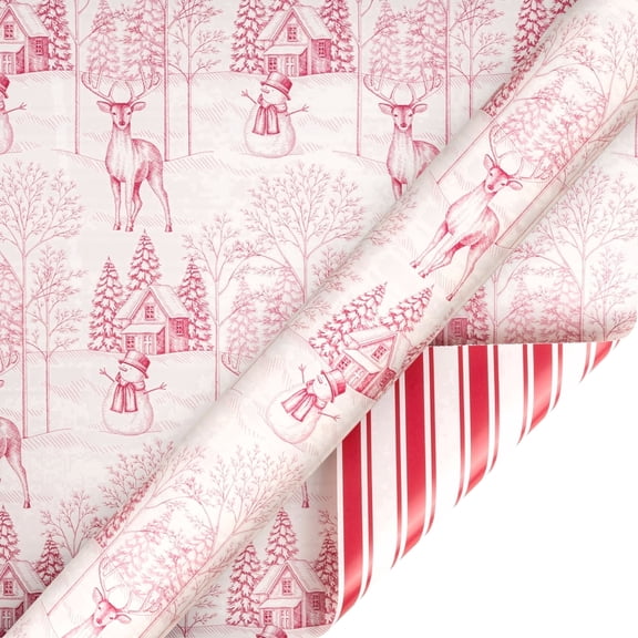 LaRibbons 30" x 33' Reversible Holiday Wrapping Paper Jumbo Roll | Christmas Toile & Stripes