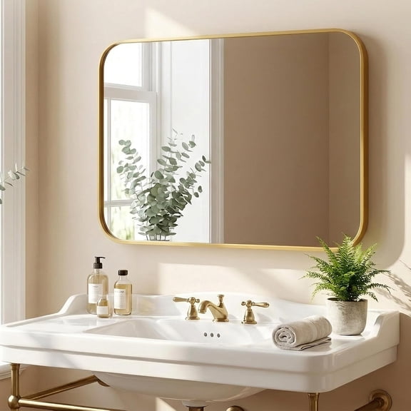 30" x 36" Antique Gold Bathroom Vanity Mirror, Rounded Rectangle Iron Framed Wall Mirror for Over Sink, Horizontal or Vertical, 1-Pack